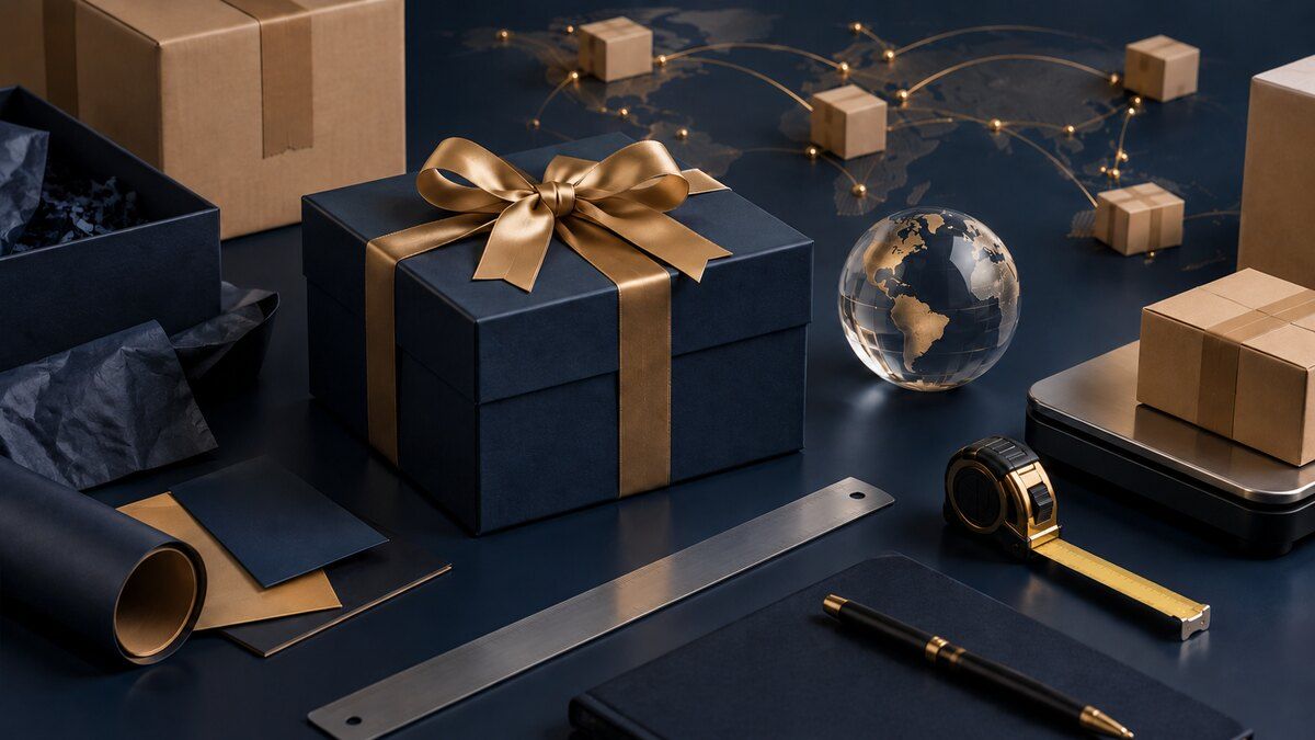 A premium global shipping cost-planning scene with gift parcels, dimensional measuring tools, route tokens, and a calculator