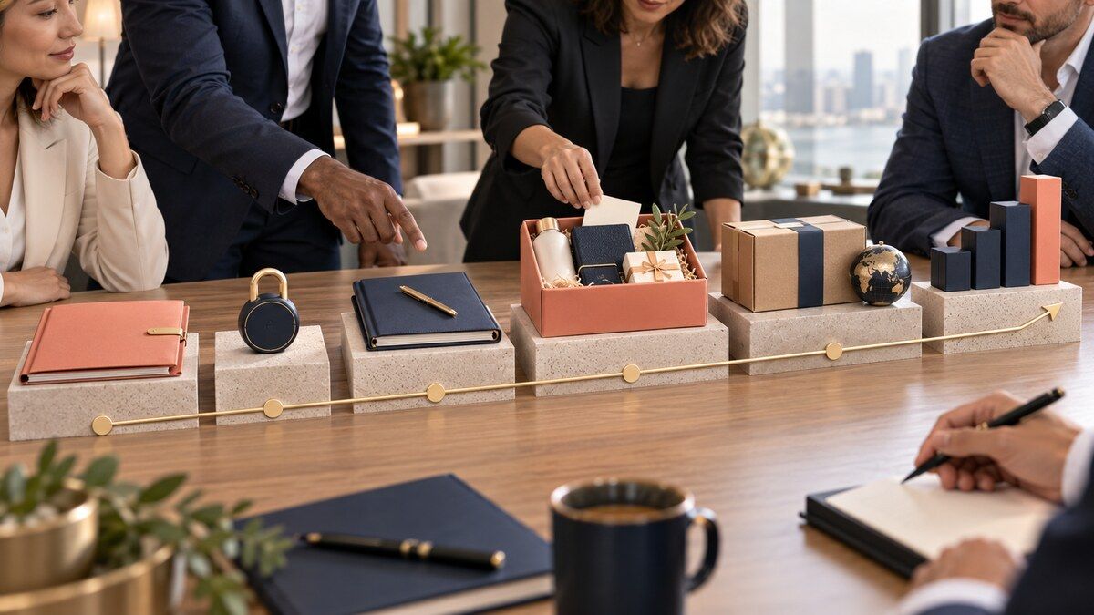企業送禮團隊以政策、隱私、財務、禮品、配送與衡量物件檢視六個成熟度階段