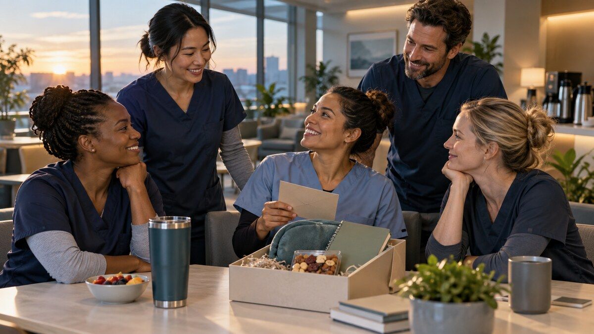 Nurses from day and night shifts sharing an inclusive appreciation moment with practical gifts in a hospital staff lounge