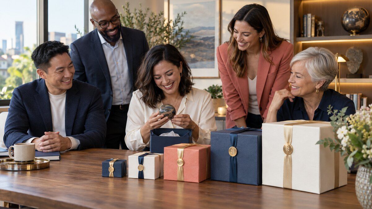 A diverse team celebrates an employee service anniversary with five elegant milestone gifts