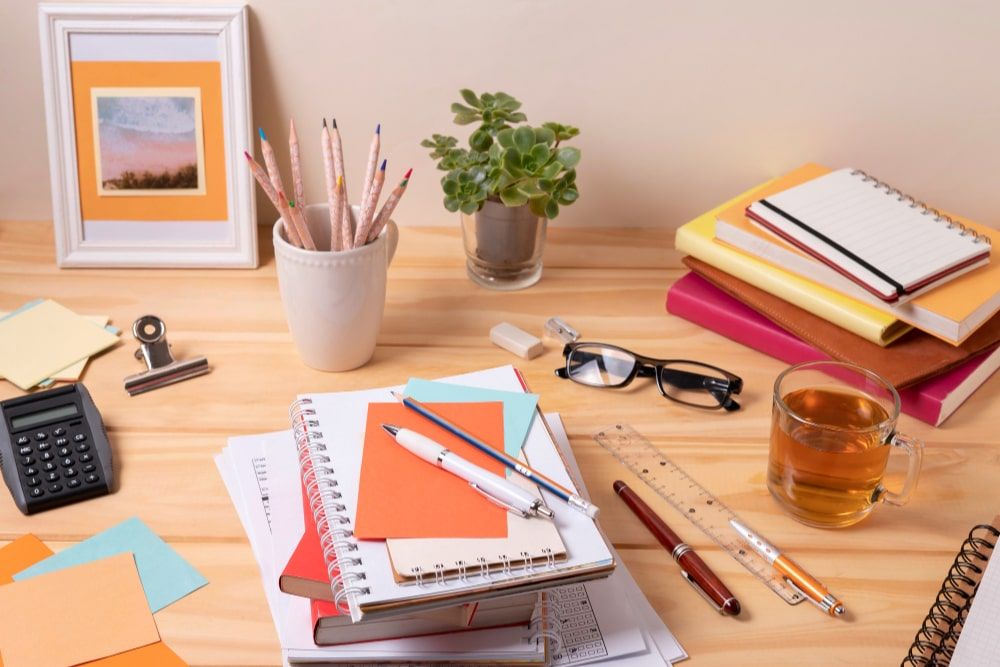 Assortment of coffee mugs, glasses, pens, and desk accessories on a table