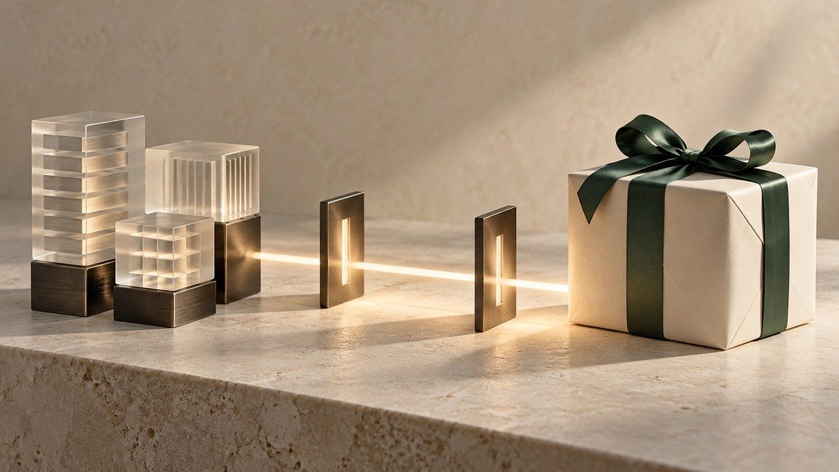 Unbranded gift box connected to structured glass data modules through two illuminated approval checkpoints