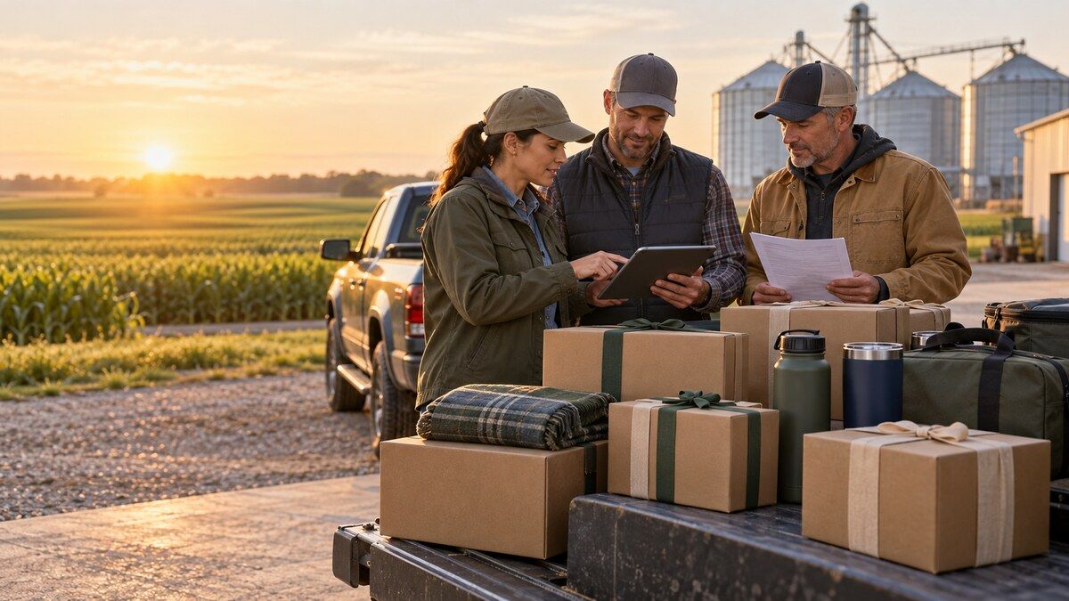 Agriculture operations team reviews delivery plans beside unbranded gifts at sunrise.