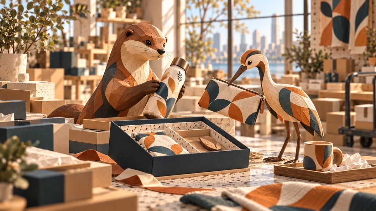 Carved wooden otter and crane inspect patterned merchandise beside an open fulfillment box
