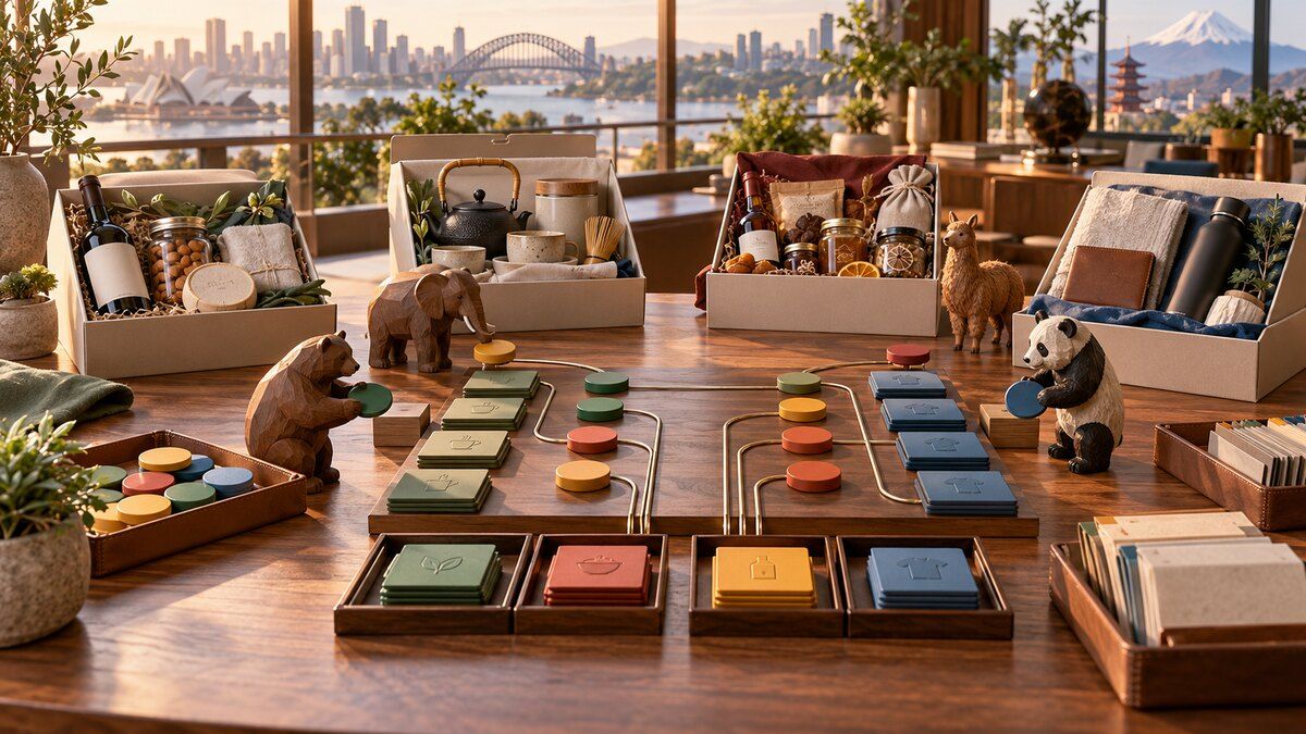 Four regional gift kits and carved wooden operations stewards route category decisions through an evidence-based eligibility and substitution system.