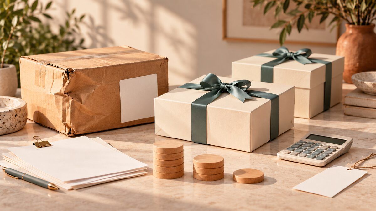 Gift boxes, a shipping carton, calculator and blank claim papers arranged for comparing exception costs