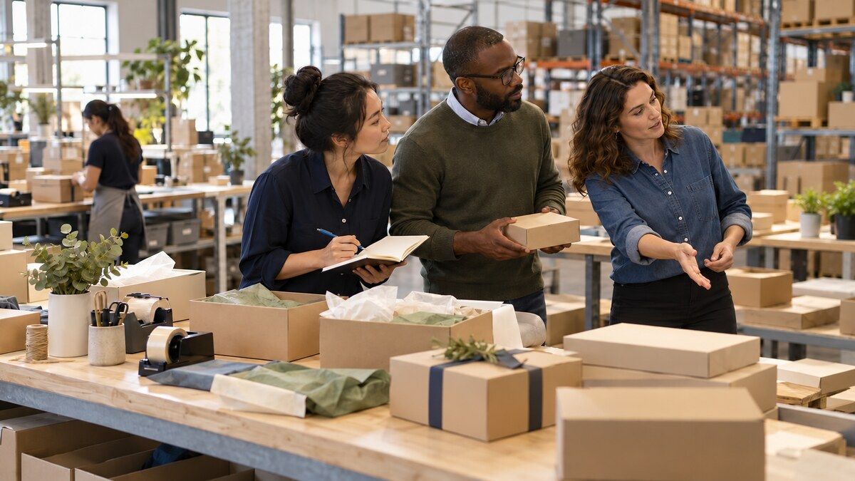 Fulfillment team planning kitting, personalization, quality control, and carrier pickup capacity in a warehouse