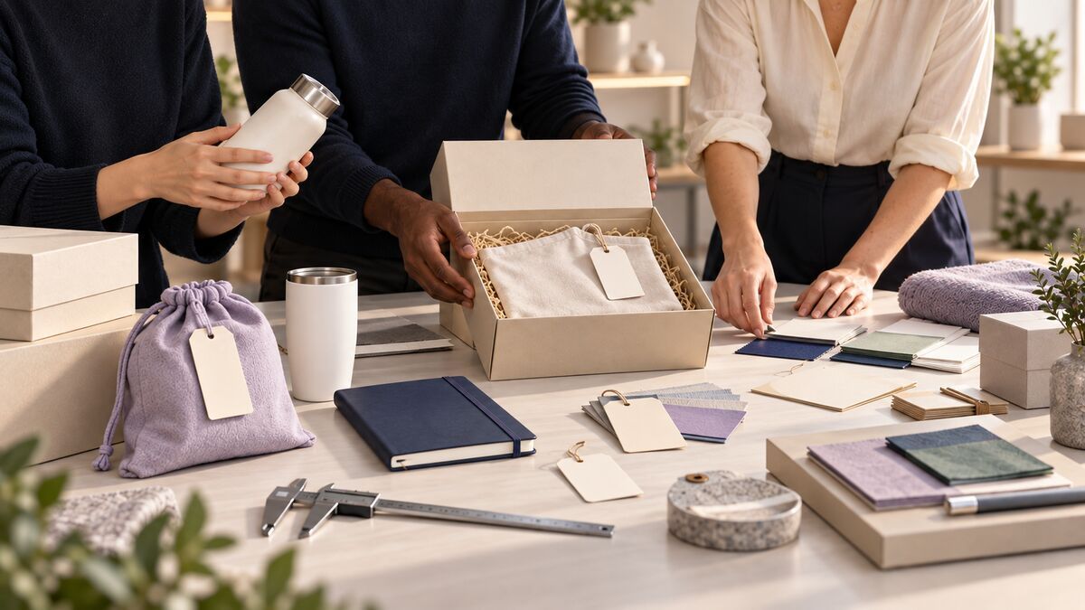 Hands reviewing blank personalized gift samples, packaging, material swatches, and quality-control tools in a bright studio