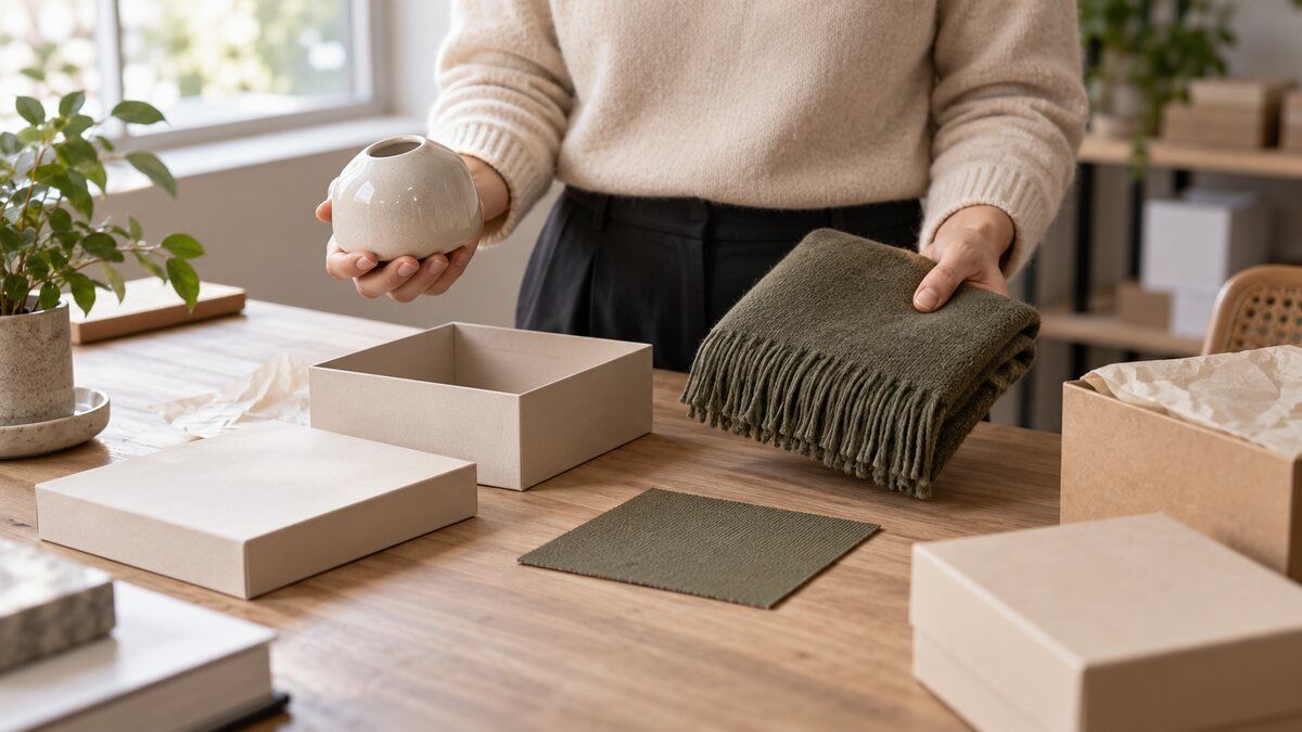 Hands hold a ceramic cup and folded textile above open gift boxes.