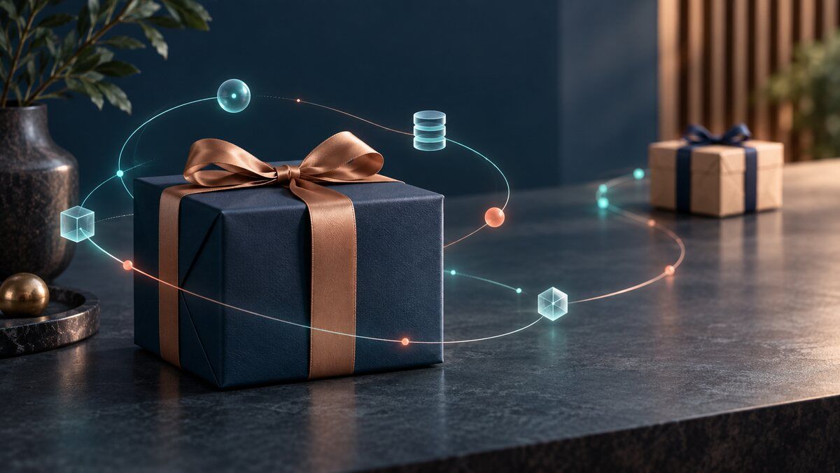 An elegant gift box surrounded by abstract secure data paths and event nodes, representing a reliable corporate gifting API lifecycle.