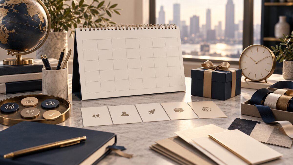 A blank campaign calendar, unbranded gift box, clock, and planning markers on an executive desk