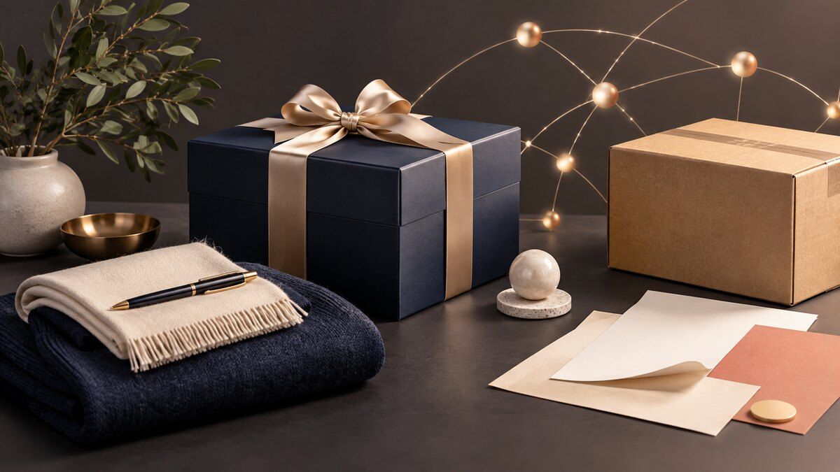 Premium corporate gifts, merchandise, logistics, compliance documents, and connected systems represented in one editorial still life