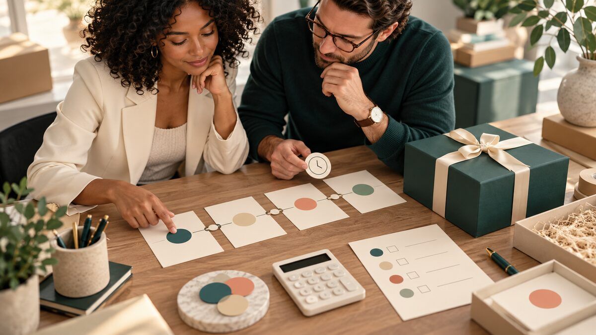 Operations team reviewing a corporate gifting event sequence beside a wrapped gift and reconciliation tools