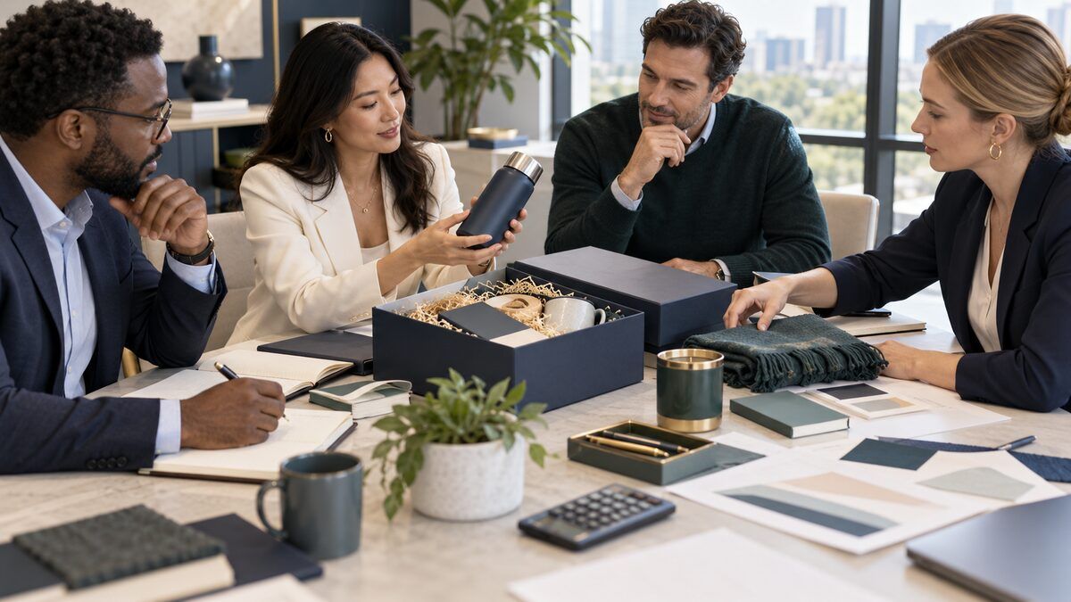 Procurement, finance, and people-operations leaders reviewing gift samples and total-cost assumptions
