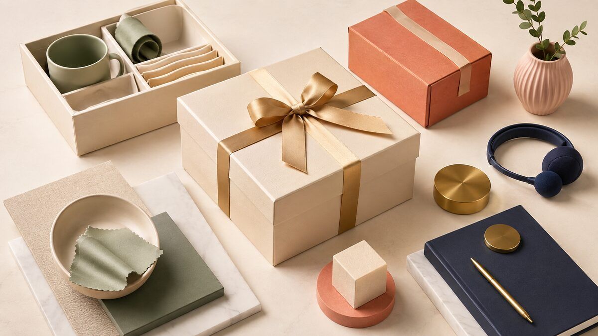 A premium unbranded gift box surrounded by curated items and blank planning materials representing corporate gifting total cost of ownership