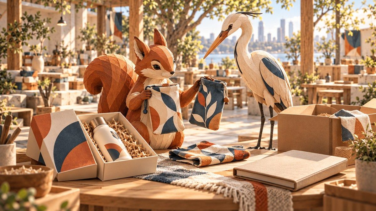 A carved wooden squirrel compares patterned pouches beside an egret, an open carton and a replacement gift on a sunlit atelier workbench.