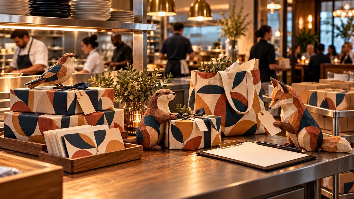 Carved wooden fox, otter, and bird coordinate patterned corporate gifts at a restaurant handoff station