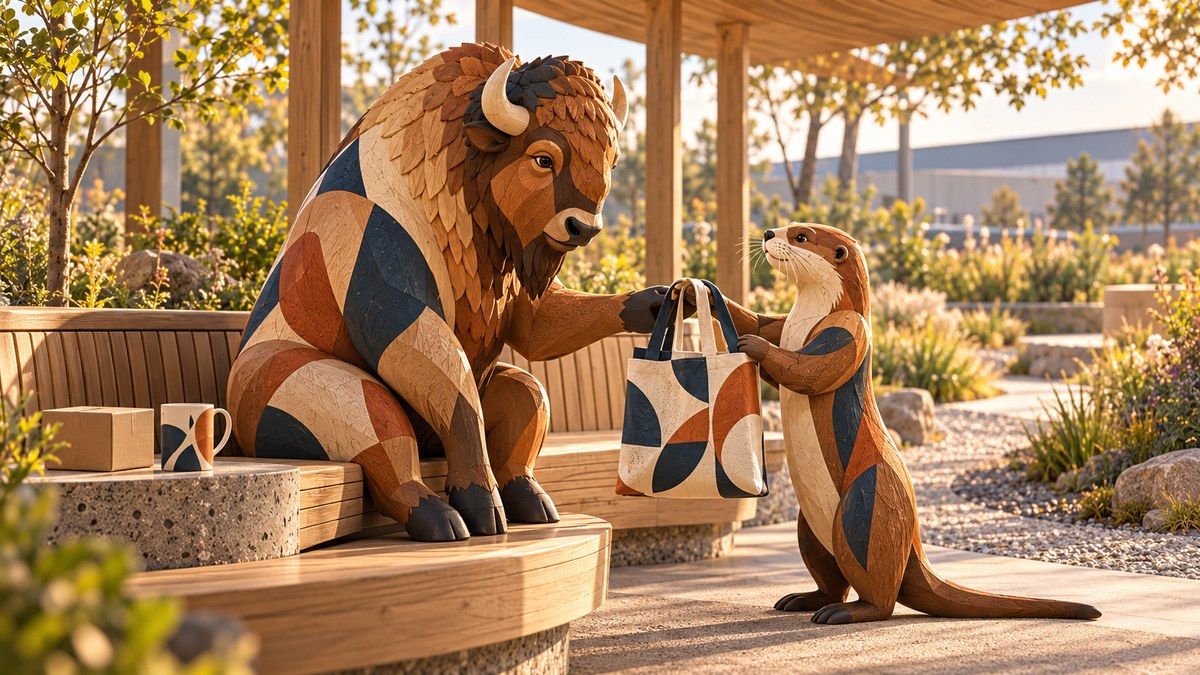 A carved wooden bison and otter exchange a patterned tote in an imagined off-duty depot rest pavilion.