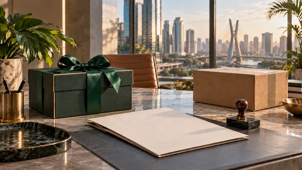 An elegant green gift box and unbranded parcel on a São Paulo office desk prepared for controlled corporate delivery