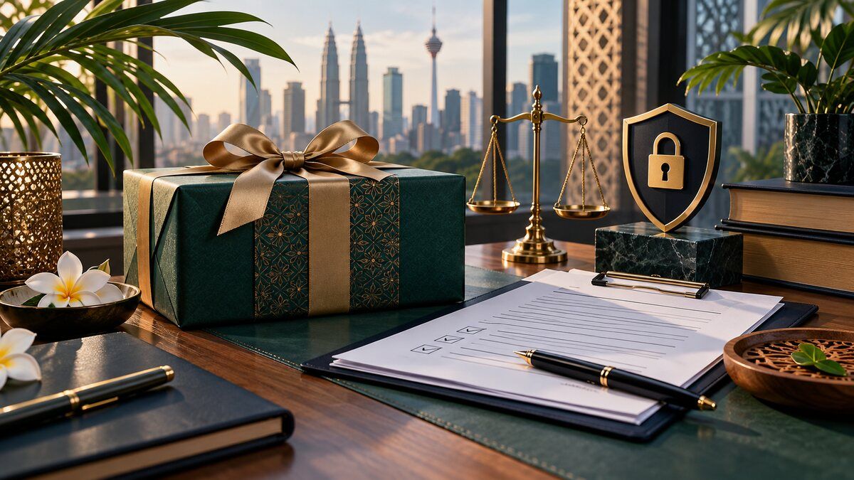 A Kuala Lumpur operations team reviews a corporate gift approval file with sealed parcels