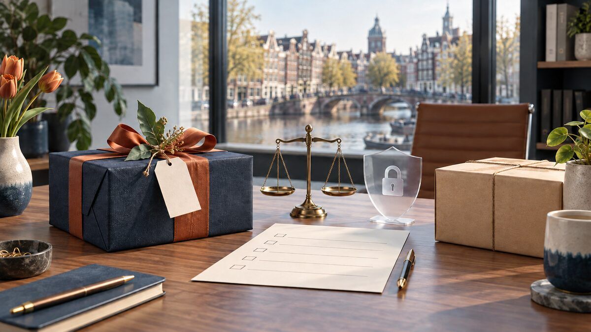 Corporate gifting compliance checklist, privacy shield, balance scale, and unbranded parcels in a modern Amsterdam office