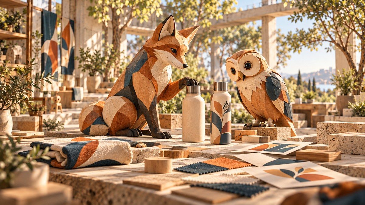 Carved wooden fox and owl comparing bottle and textile samples in a sunlit merchandise workshop