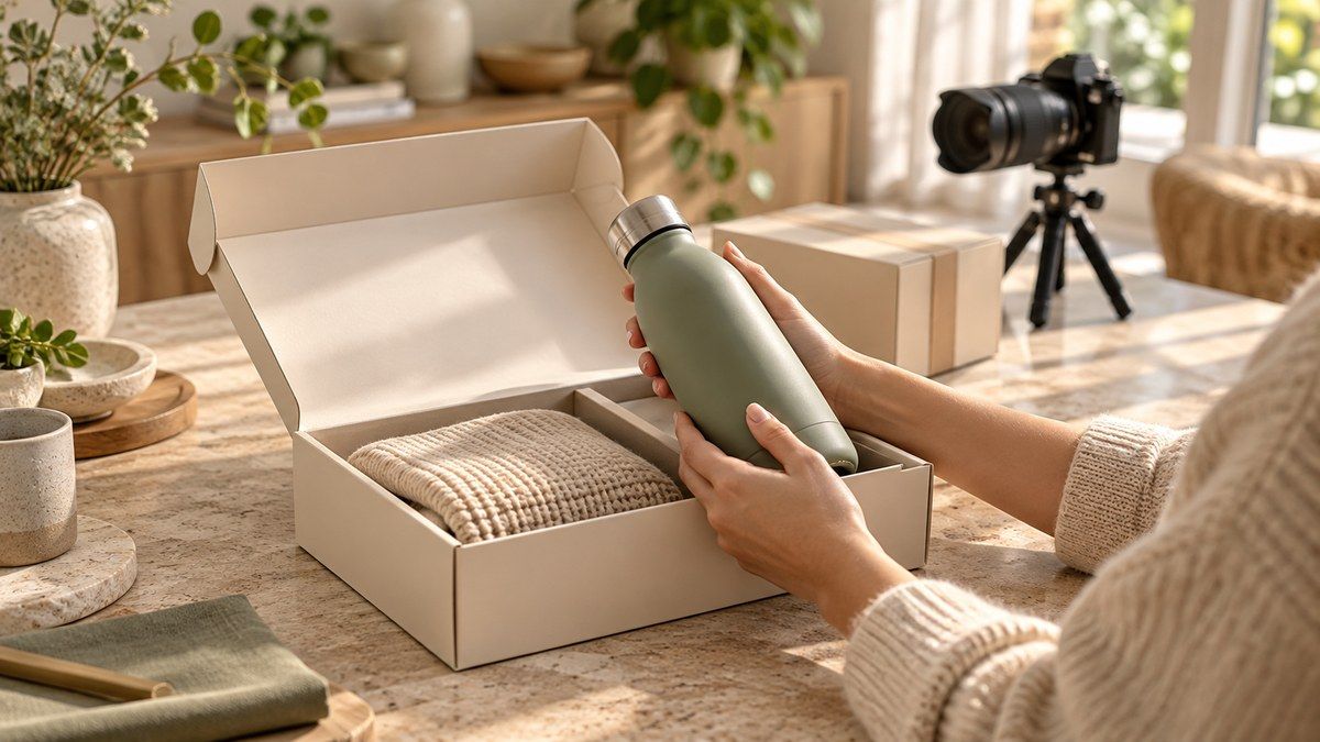 An illustrated creator workspace with hands examining an unbranded product beside an open gift carton.