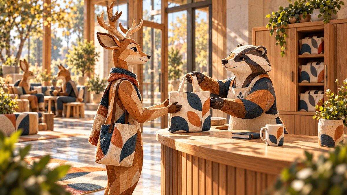 Carved wooden badger offers a patterned tote to a deer at a sunlit community welcome table.