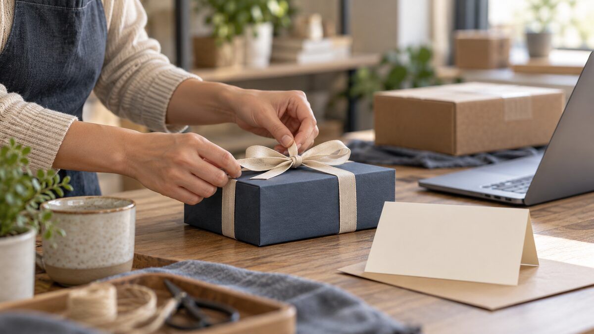 Customer-care professional preparing an understated gift after arranging the customer remedy