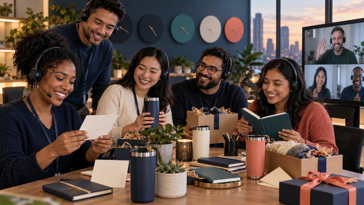 A diverse customer service team receiving thoughtful appreciation gifts during a coordinated workplace celebration
