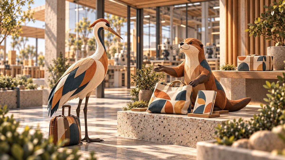 Carved wooden crane visitor with a carry-on bag and otter host beside patterned merchandise in a sunlit reception.