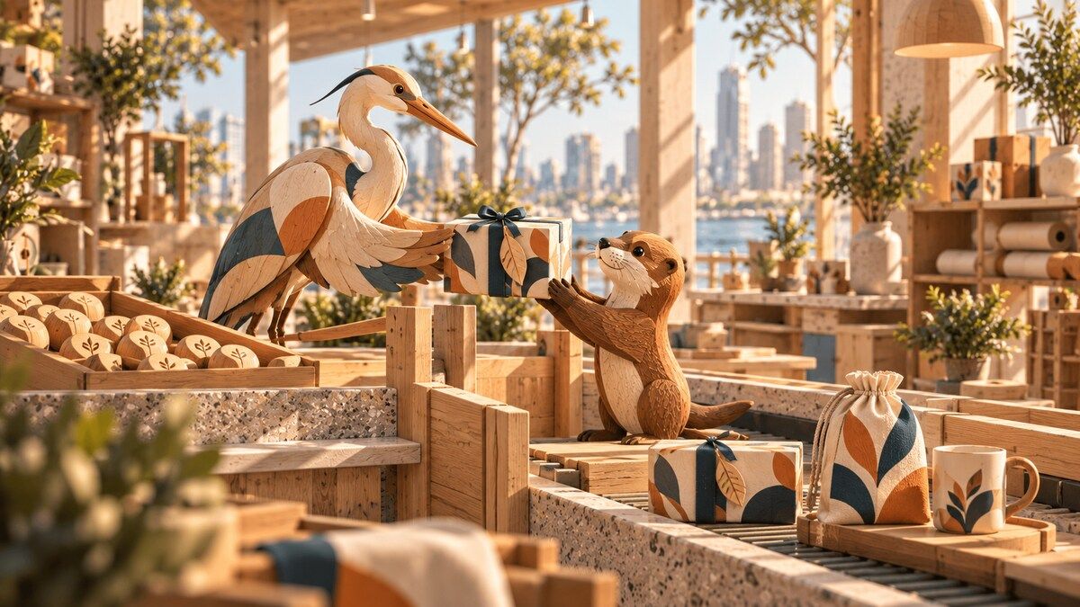 Carved wooden heron and otter pass a patterned gift across a timber review gate in a sunlit dispatch studio.