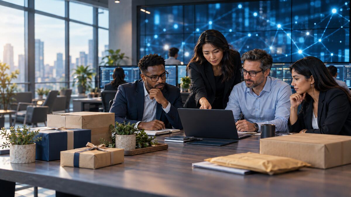 Cybersecurity operations team reviewing a governed corporate gifting workflow with secure data handoffs