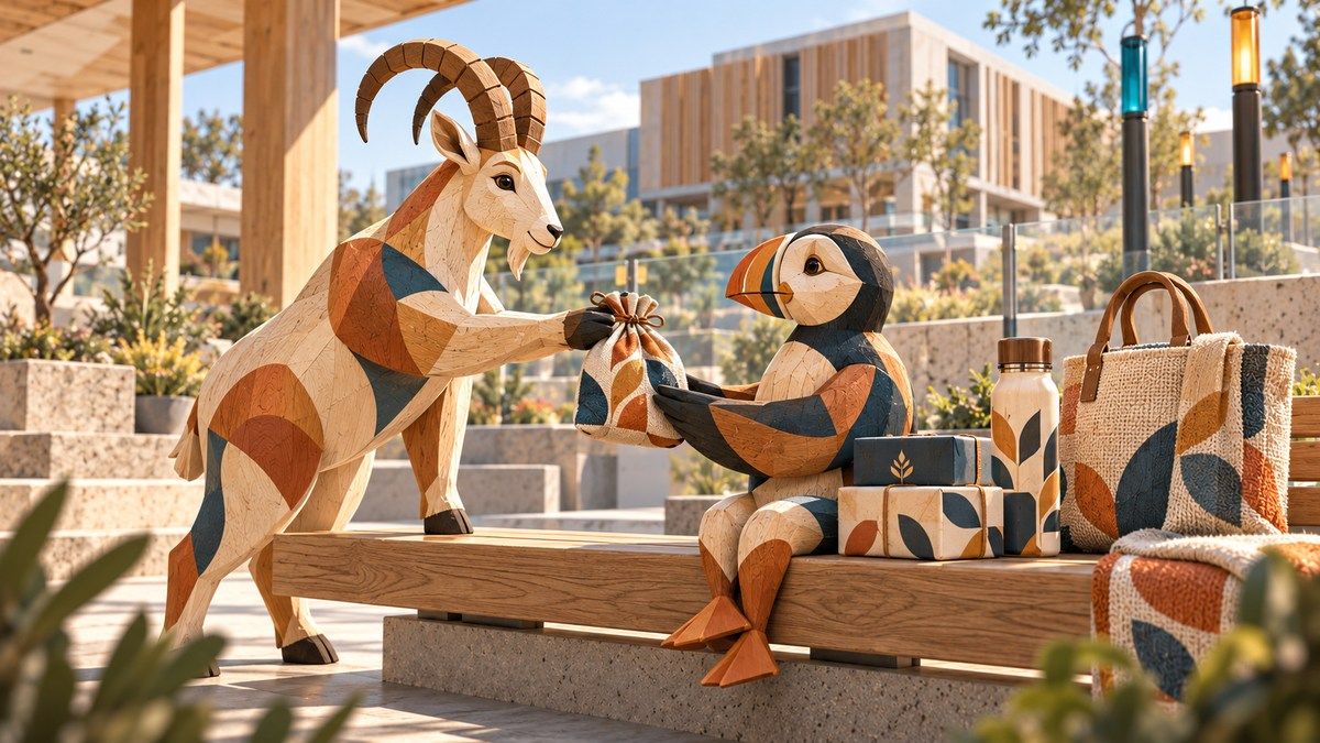 A carved wooden mountain goat hands a patterned pouch to a puffin on a bright staff-pavilion bench outside an abstract technology campus.