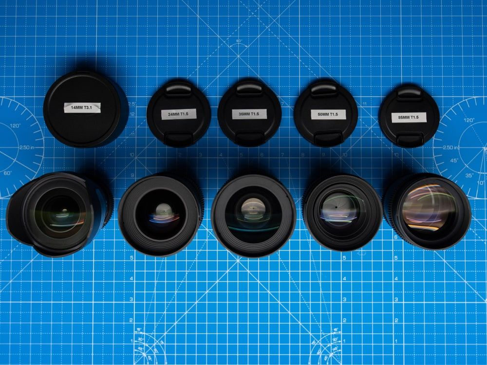 different camera lenses lined up together