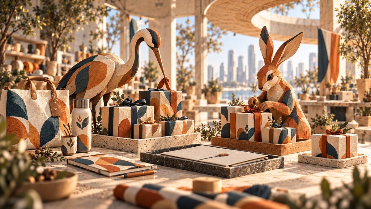 Carved wooden crane and hare sort patterned gift parcels into separate trays, with one parcel held aside and a closed folio between them.