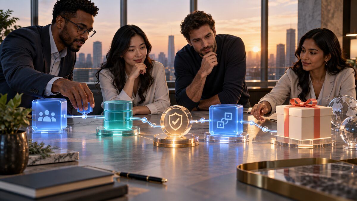 A cross-functional operations team reviews a governed data path from customer context through approval to corporate gift execution