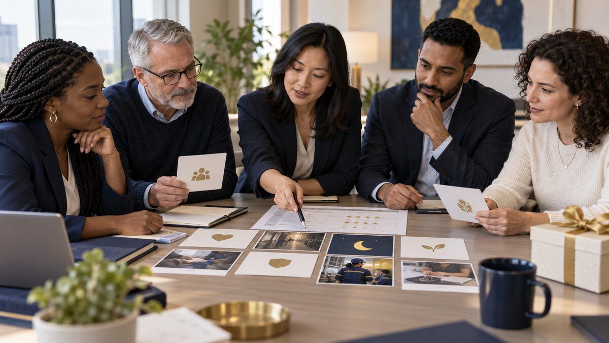 A diverse employee award committee reviews anonymized nomination evidence and a shared rubric, including an example from night-shift work.