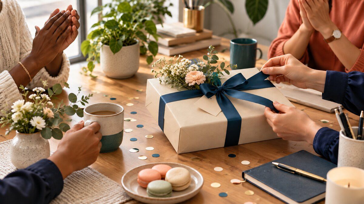 Colleagues gathering around a text-free birthday gift box in a warm, inclusive workspace