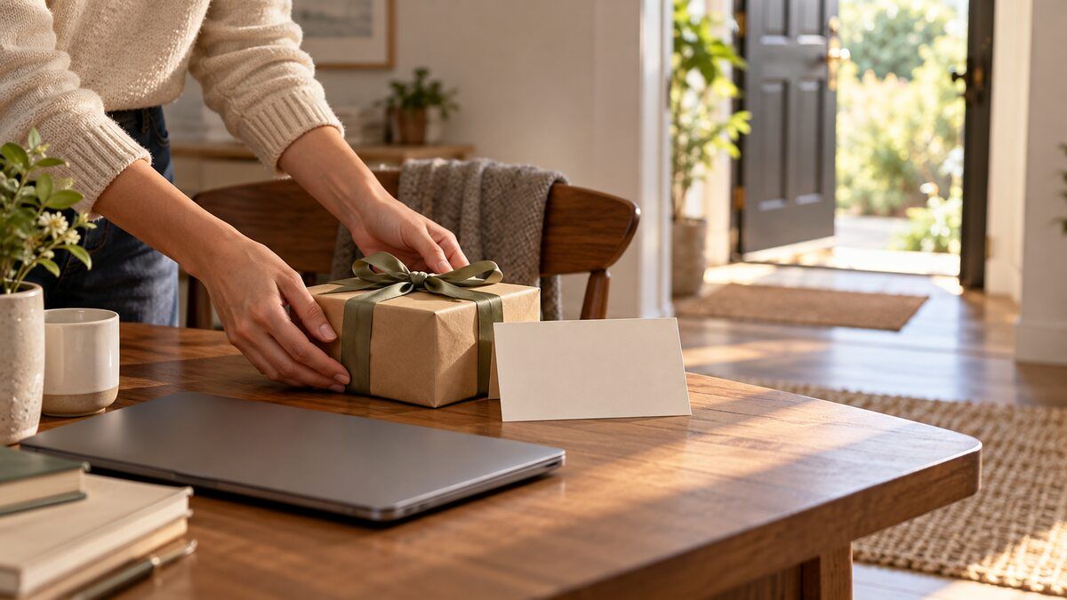 Hands placing a modest farewell gift and blank card beside a closed laptop near an open doorway