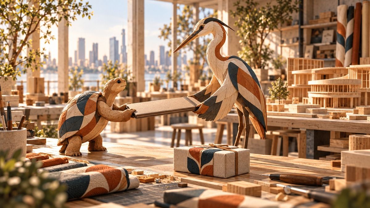 Carved wooden tortoise and heron exchange a plain folio beside a gift and an unfinished architectural model.