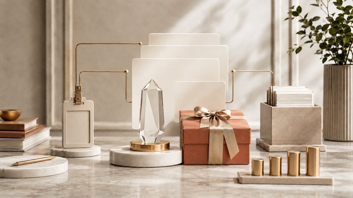 A premium recognition award, gift box, HR data cards, identity badge, payroll records, and phased rollout markers