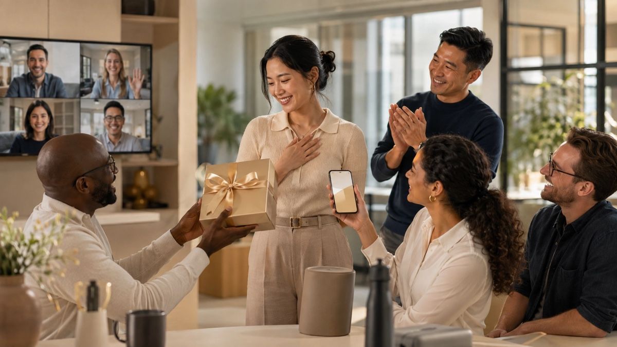 A diverse global team celebrating an employee with flexible recognition rewards