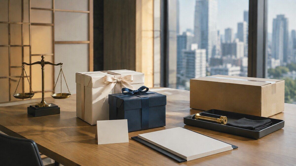 Elegant corporate gifts, a parcel, blank approval papers, and a balance in a modern Japanese office