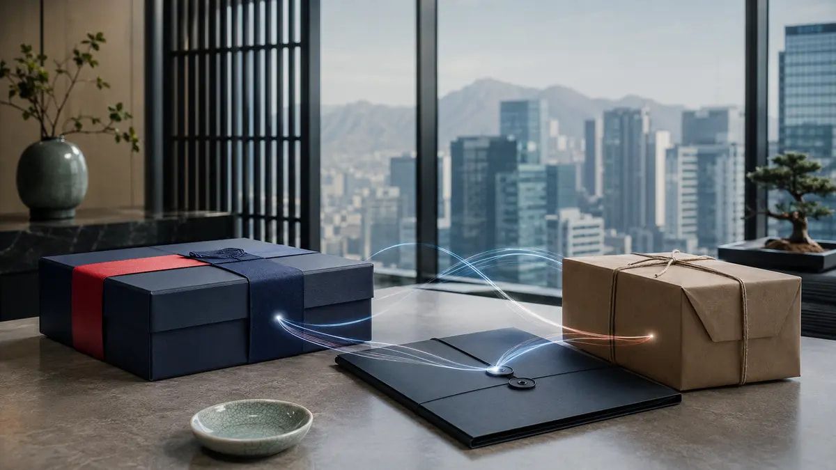 A secure document folder and corporate gift parcels connected across a modern Seoul office