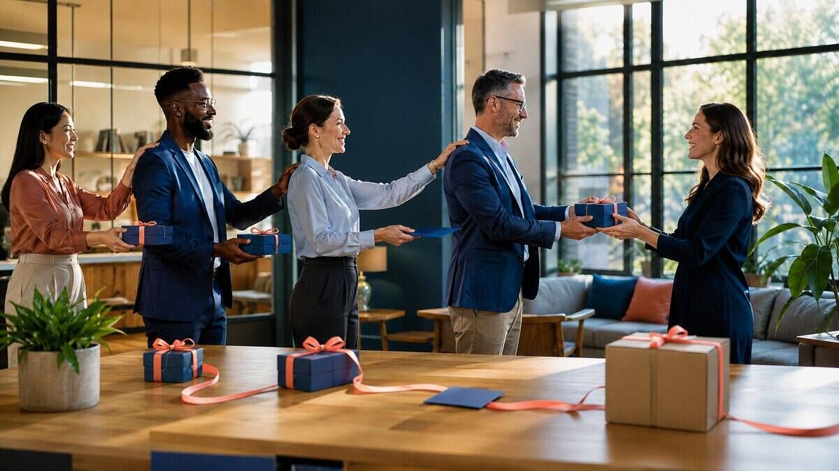 A diverse chain of professionals passing unbranded referral reward boxes through a modern global workplace.