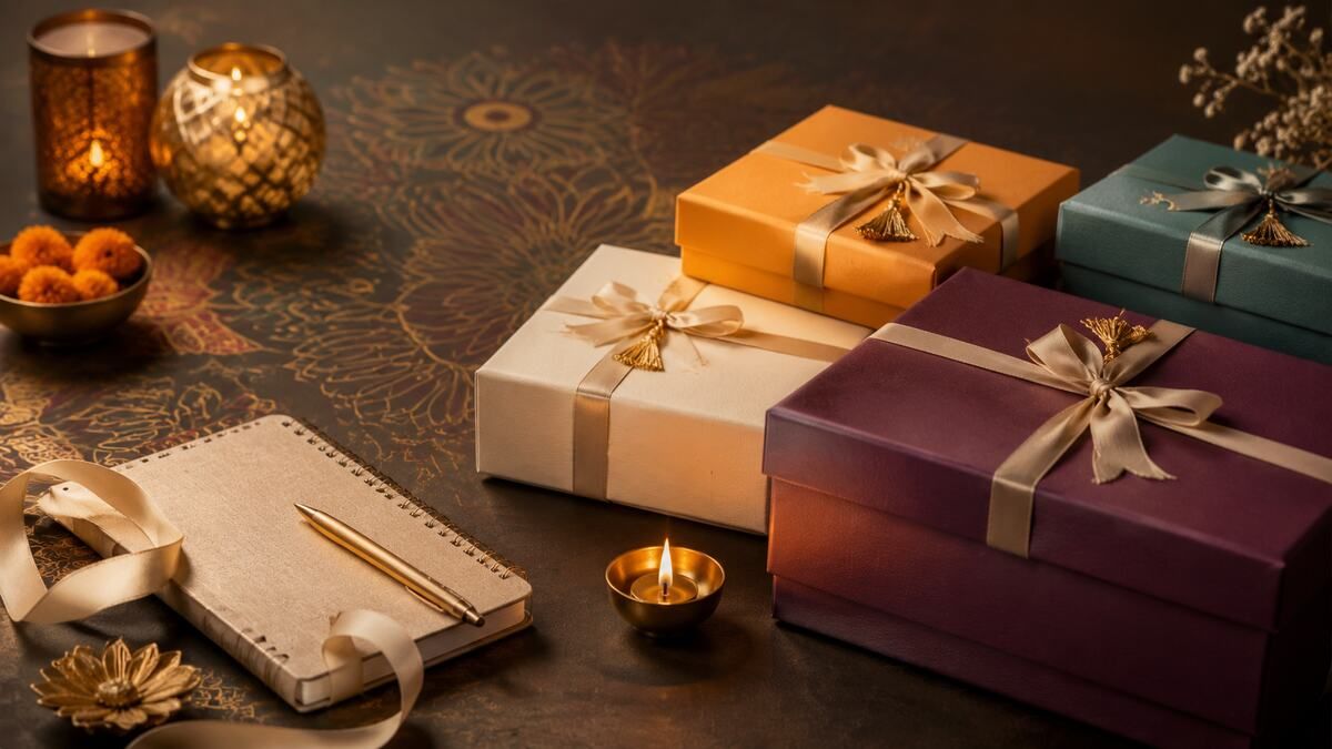 Premium Diwali corporate gifts beside a planning notebook with warm lights and rangoli-inspired patterns.