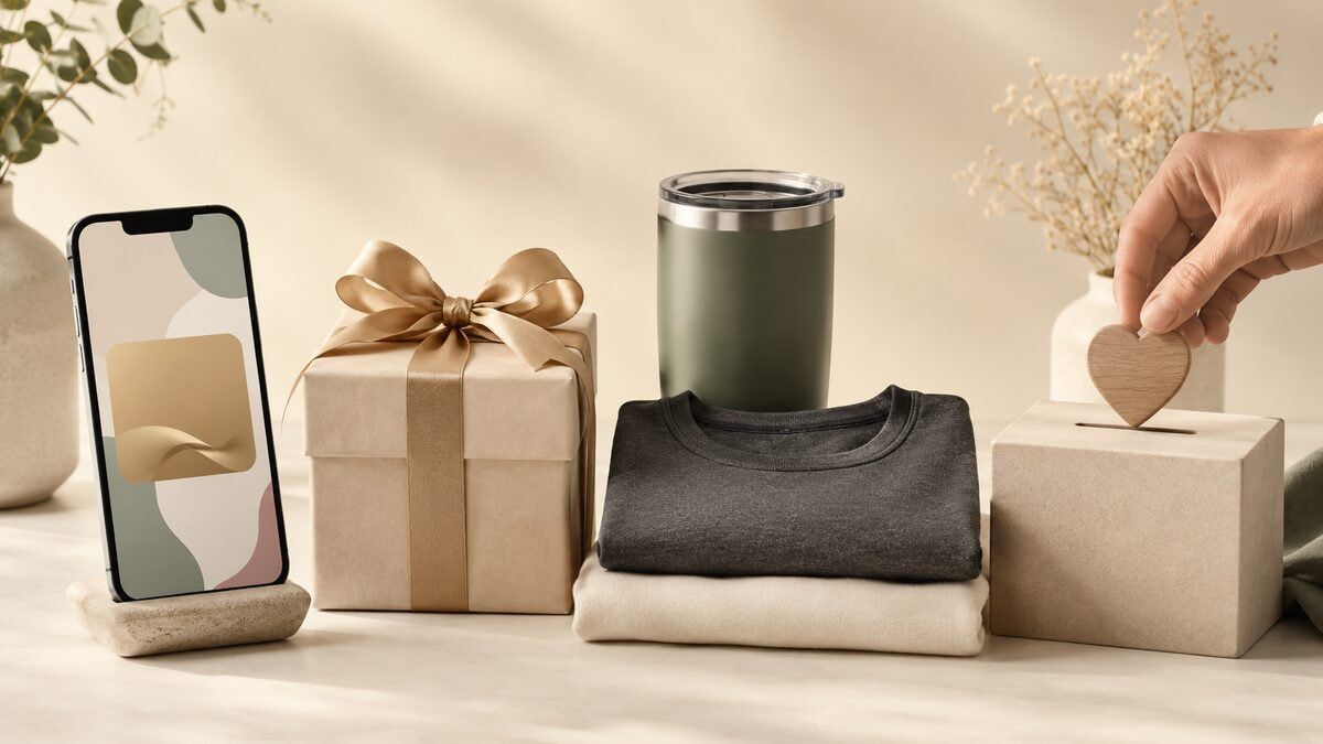 Four employee reward choices represented by a digital card, wrapped gift, blank merchandise, and a wooden heart for charitable giving