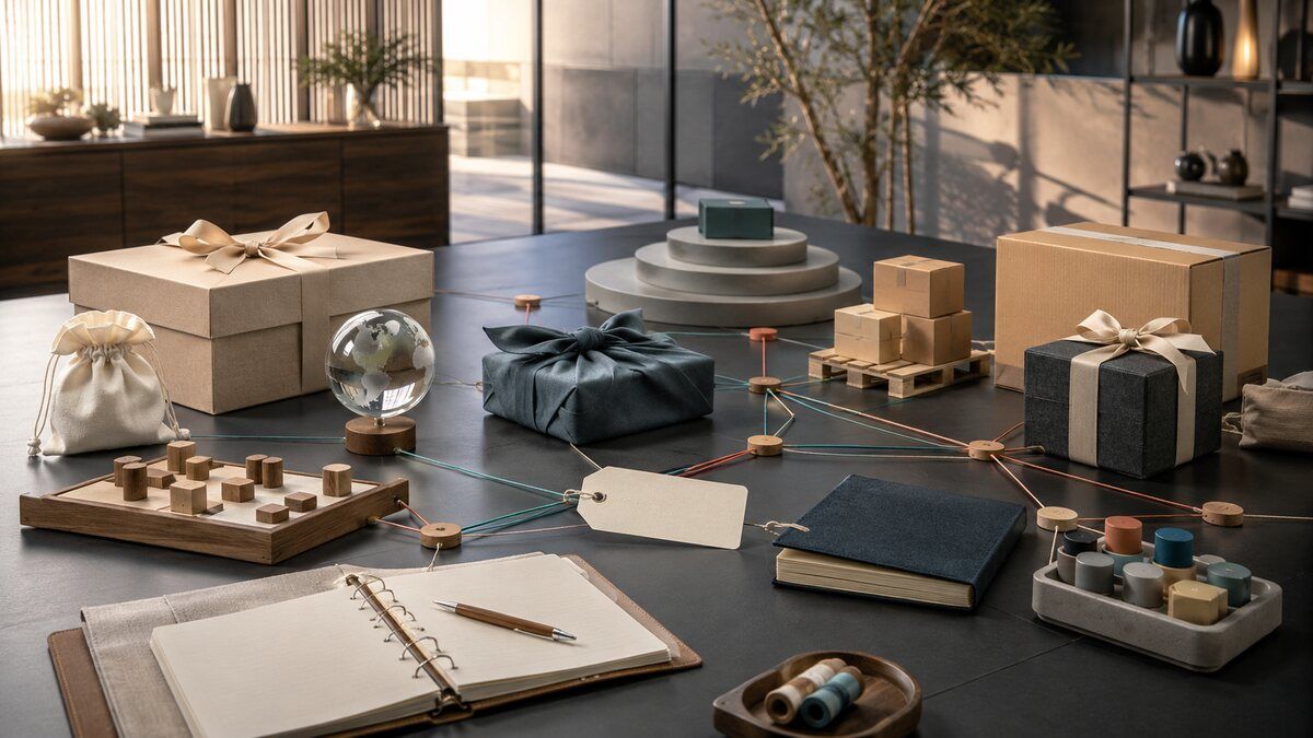 A premium global corporate gifting operations table connecting strategy, gifts, fulfillment, governance, and measurement