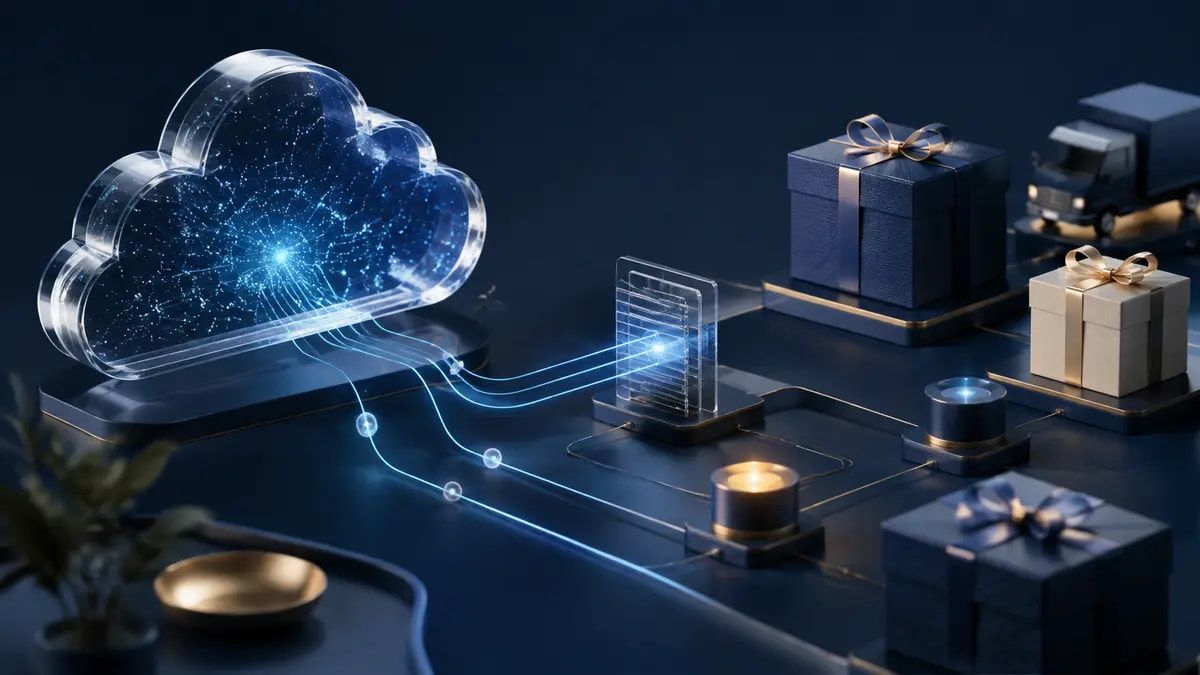 Abstract cloud data paths connecting governed approval controls to corporate gifts and delivery